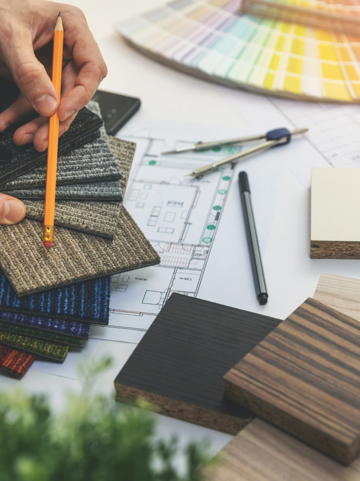 Agence Gefigram Draguignan Agence Skoart Var Draguignan Saint Raphael Designer Architecte Decoration Interieur Entreprise panel couleurs echantillons maetieres materiaux bois moquette